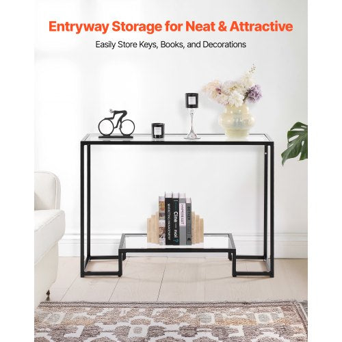 2Tier Glass Console Table Modern Rectangle Sofa Side Table with Tempered