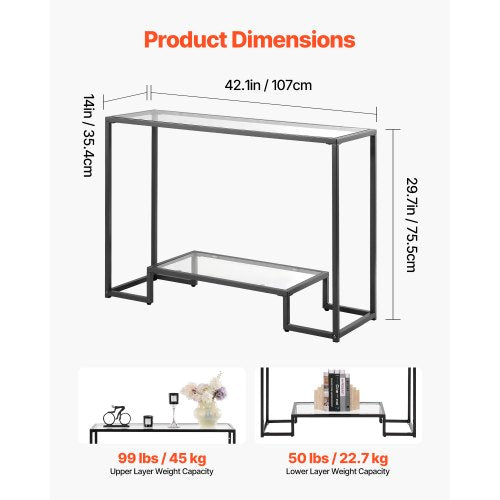 2Tier Glass Console Table Modern Rectangle Sofa Side Table with Tempered