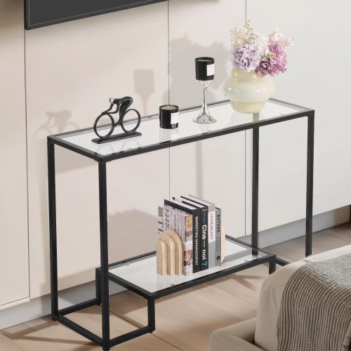 2Tier Glass Console Table Modern Rectangle Sofa Side Table with Tempered