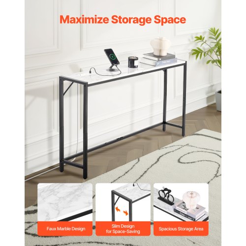 Marble Console Table Modern Narrow Long Console Table with Power Outlet