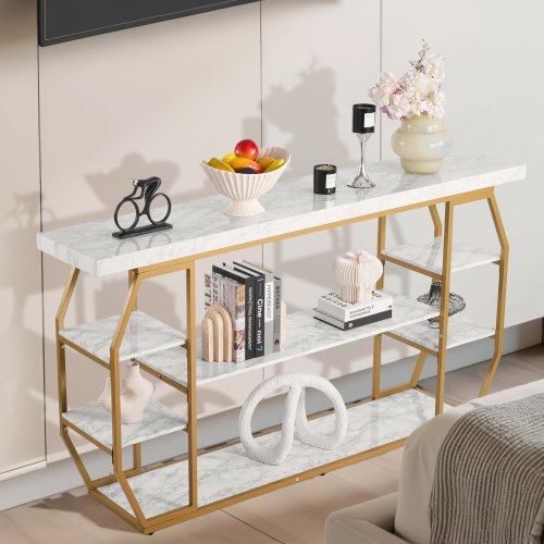 Marble Console Table 3 Tiers Modern Console Table for Open Storage Golden
