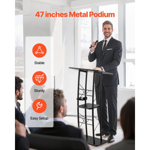 Podium Stand 47Inch Metal Lectern Curved Standing Podium with Wide