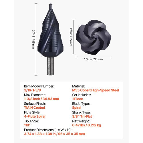 Step Drill Bit 316 to 138 inch 38 inch Triangular Shank TiAlN Coating