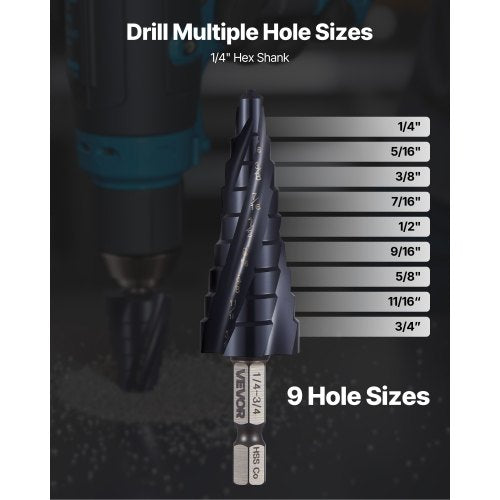Step Drill Bit 14 to 34 inch 14 inch Hex Shank TiAlN Coating Cobalt