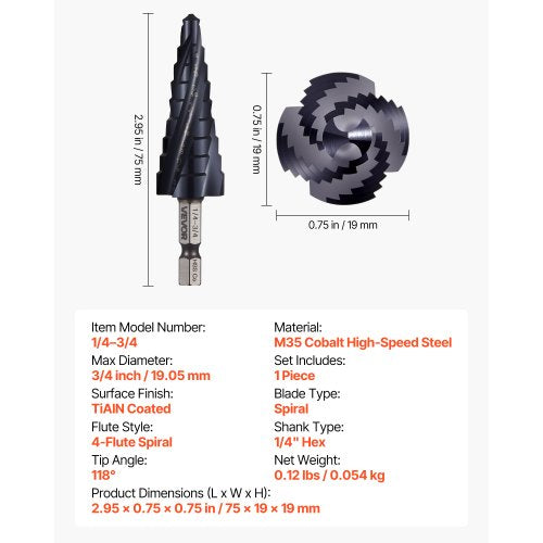 Step Drill Bit 14 to 34 inch 14 inch Hex Shank TiAlN Coating Cobalt