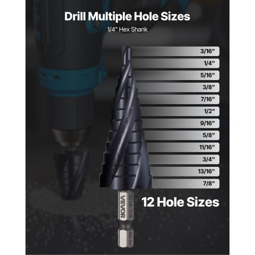 Step Drill Bit 316 to 78 inch 14 inch Hex Shank TiAlN Coating Cobalt