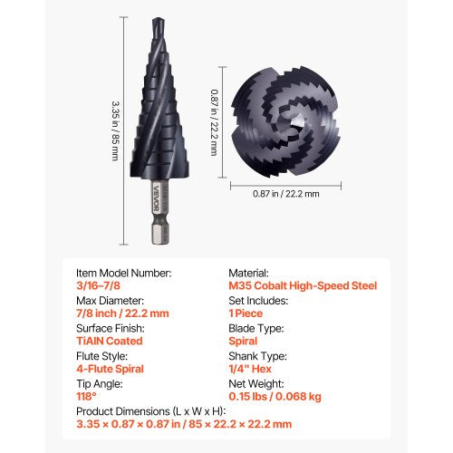 Step Drill Bit 316 to 78 inch 14 inch Hex Shank TiAlN Coating Cobalt