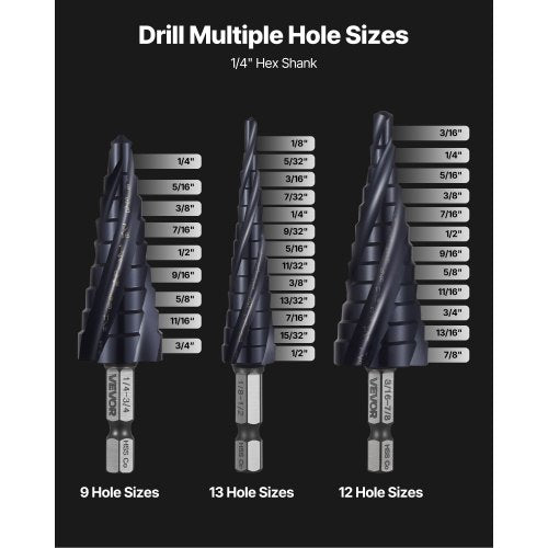 Step Drill Bit Set 18  78 inch 3 Pieces Step Drill Bits 14 inch Hex
