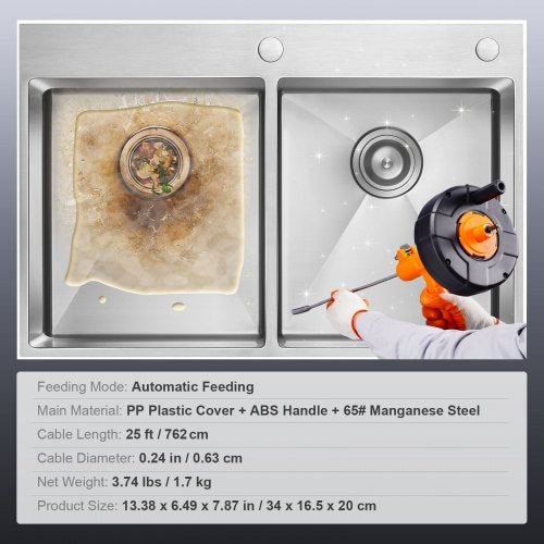 Drain Auger 25Ft Plumbing Snake Auto Feed Plumbers Snake with Drill