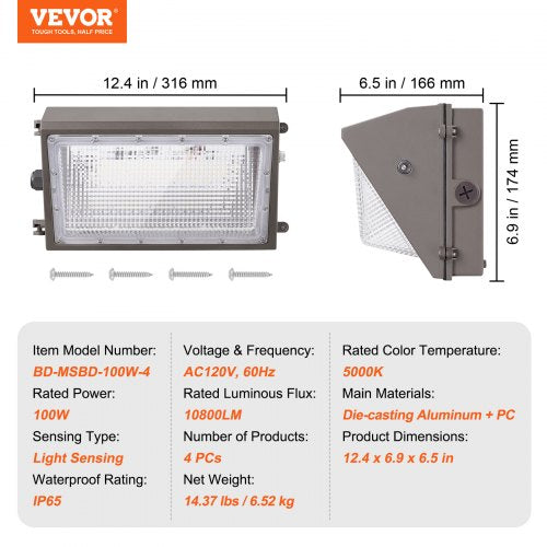 4PCs LED Wall Pack Lights 100W 10800LM 5000K Commercial Outdoor Lights
