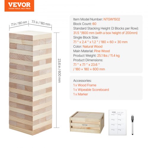 Tumbling Timber Toy 60 Blocks Giant Tumble Tower Blocks Game Pine Wood