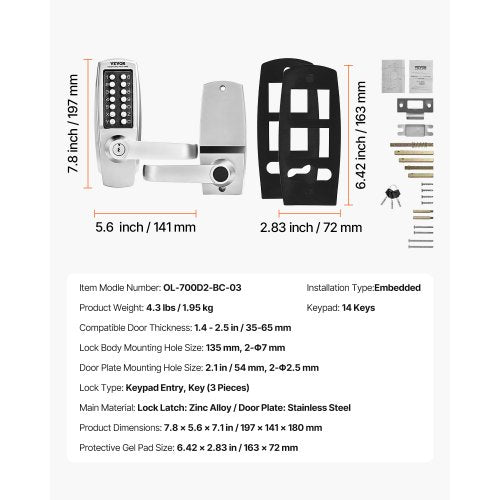Mechanical Keyless Entry Door Lock 14 Key Mechanical Door Lock with Keys