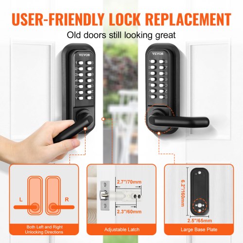 Mechanical Keyless Entry Door Lock 14 Digit Keypad Doublesided Embedded