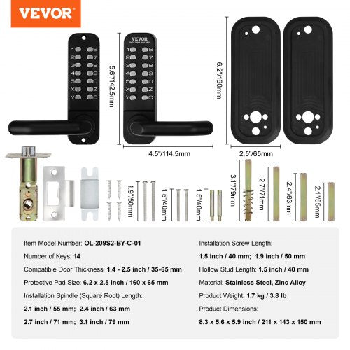 Mechanical Keyless Entry Door Lock 14 Digit Keypad Doublesided Embedded