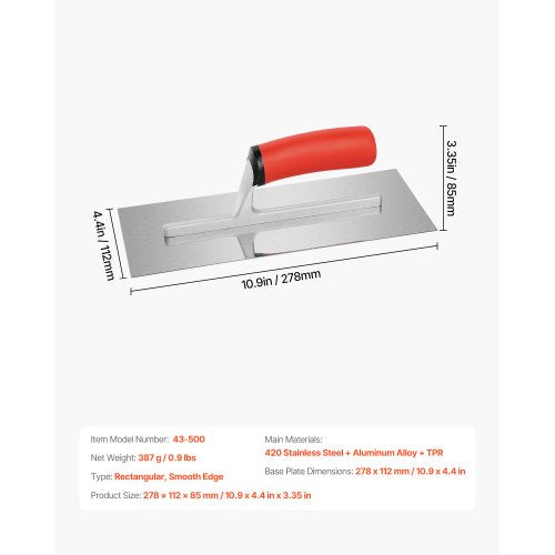 Tile Tools Stainless Steel Flat Finishing Trowel 109 x 4.4 in Concrete