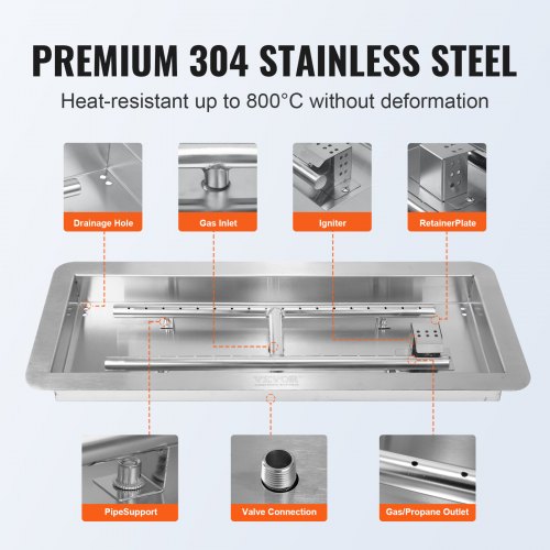 24 x 8 inch Dropin Fire Pit Pan Rectangular Stainless Steel Fire Pit