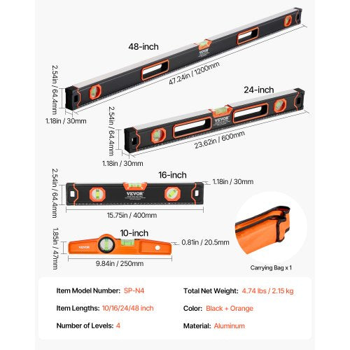 4Piece Torpedo Level 48241610 Inch Box Levels Set Fluorescent Light Up Bubble