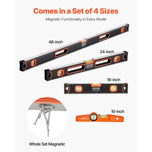 4Piece Torpedo Level 48241610 Inch All Magnetic Levels Set Fluorescent