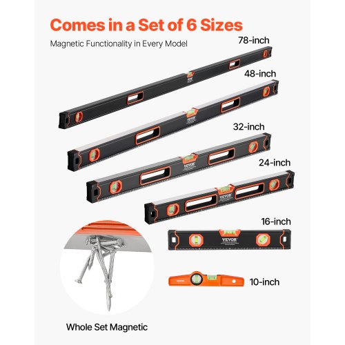 6Piece Torpedo Level 784832241610 Inch All Magnetic Levels Set