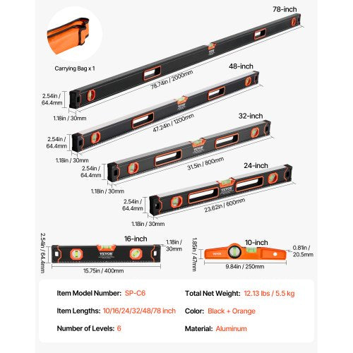 6Piece Torpedo Level 784832241610 Inch All Magnetic Levels Set