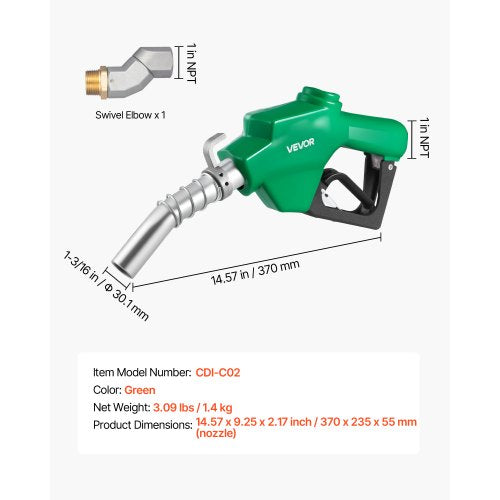 1 Inch NPT Automatic Fuel Nozzle with Swivel Max Flow Rate 216 GPM Auto