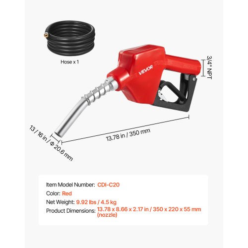 34Inch NPT Automatic Fuel Nozzle Max Flow Rate 118 GPM Auto Shut Off