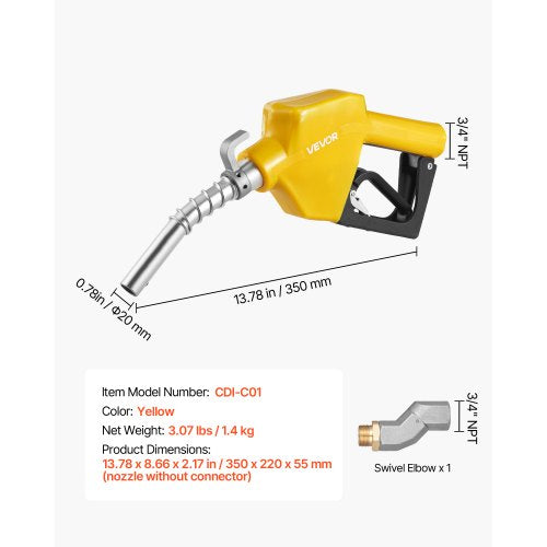 34Inch NPT Automatic Fuel Nozzle with Swivel Max Flow Rate 118 GPM Auto