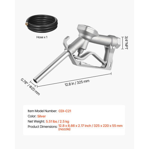 34Inch NPT Fuel Nozzle with 10 ft Hose Max Flow Rate 227 GPM Diesel Gas