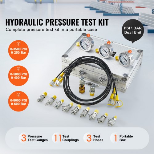 Hydraulic Pressure Test Kit 250400600bar 3 Gauges 11 Test Couplings 3