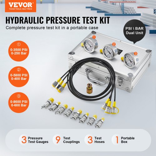 Hydraulic Pressure Test Kit 250400600bar 3 Gauges 9 Test Couplings 3