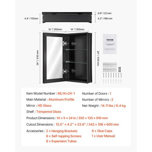 Medicine Cabinet 14 x 24 inches Medicine Cabinet for Bathroom with Mirror