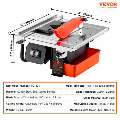 Wet Tile Saw 7inch 65Mn Steel Blade 3500 RPM Induction Motor Tile Cutter