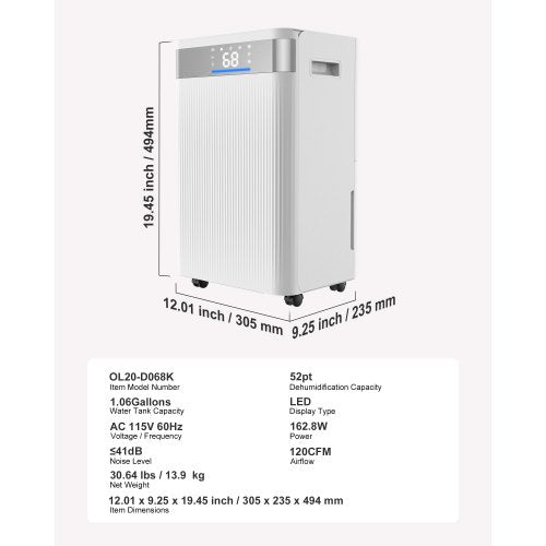 52 Pints Dehumidifier for Home Basement Drain Hose for Commercial
