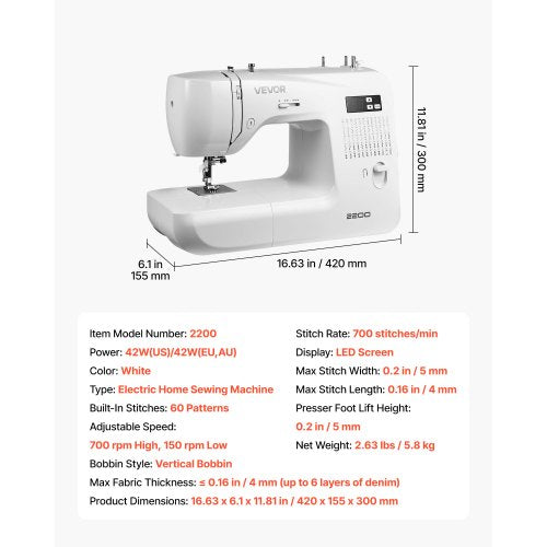 Computerized Sewing Machine 60 Stitch Applications with LED Screen Foot