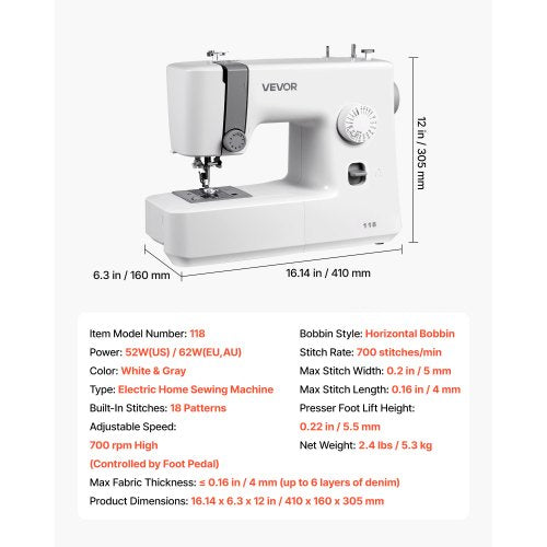 Sewing Machine 18 Stitch Applications with LED Light and Foot Pedal