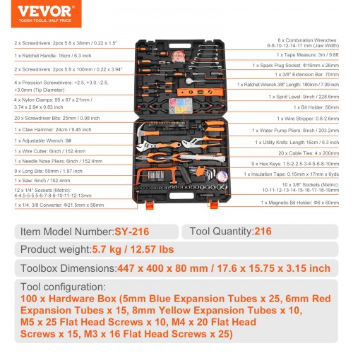 Tool Kit 216 Piece General Household Hand Tool Set Home Repairing Tool Kit