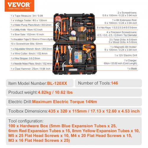 Tool Kit 146 Piece General Household Hand Tool Set with Electric Drill