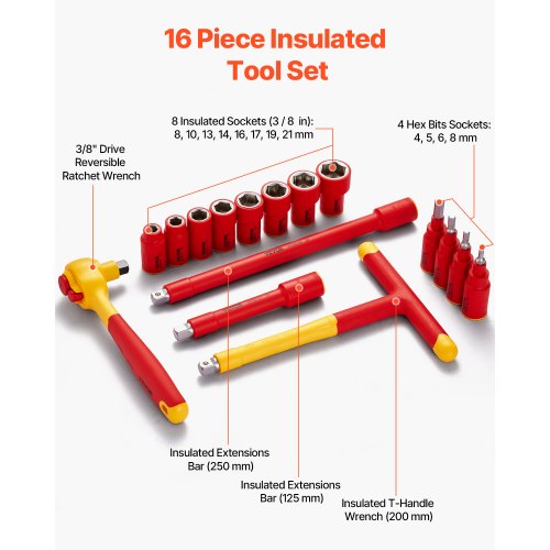 Insulated Socket Set 16Piece Insulated Wrench Tool Set 1000V Insulated