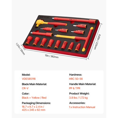 Insulated Socket Set 16Piece Insulated Wrench Tool Set 1000V Insulated