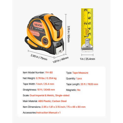 Tape Measure 25 ft Length Measuring Tape with Retractable Imperial and Metric