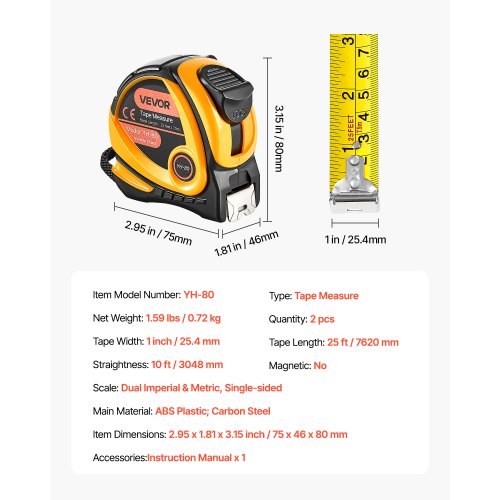 2 Packs Tape Measure 25 ft Length Measuring Tape with Retractable Imperial