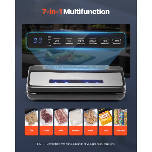 Vacuum Sealer Machine 80Kpa 120W Powerful Compact Food Sealer 7in1
