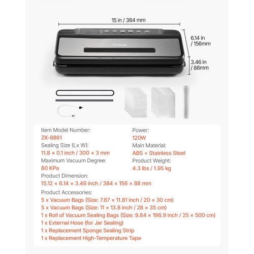 Vacuum Sealer Machine 80Kpa 120W Powerful Compact Food Sealer 7in1
