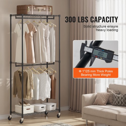 Heavy Duty Clothes Rack Double Hanging Rods Clothing Garment Rack with Bottom