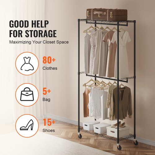 Heavy Duty Clothes Rack Double Hanging Rods Clothing Garment Rack with Bottom