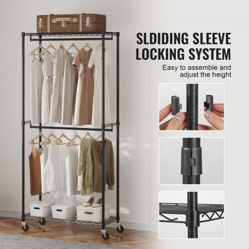 Heavy Duty Clothes Rack Double Hanging Rods Clothing Garment Rack with Bottom