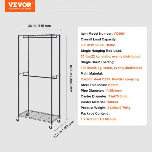 Heavy Duty Clothes Rack Double Hanging Rods Clothing Garment Rack with Bottom