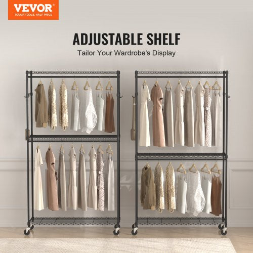 Heavy Duty Clothes Rack Rolling Clothing Garment Rack with 3 Storage Tiers
