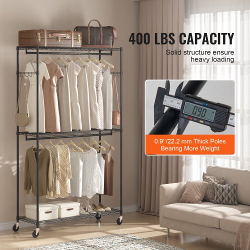 Heavy Duty Clothes Rack Rolling Clothing Garment Rack with 3 Storage Tiers