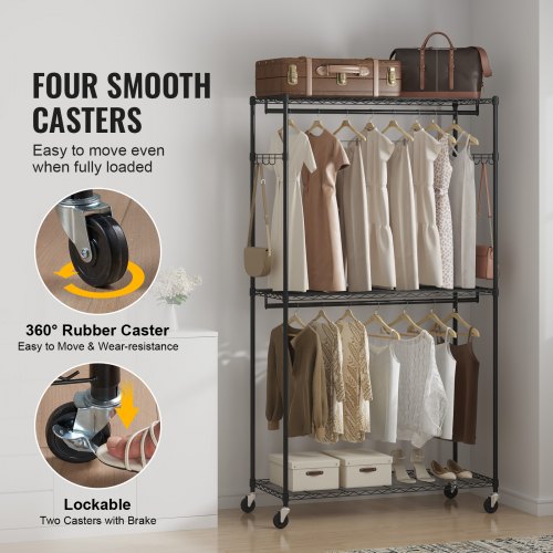 Heavy Duty Clothes Rack Rolling Clothing Garment Rack with 3 Storage Tiers
